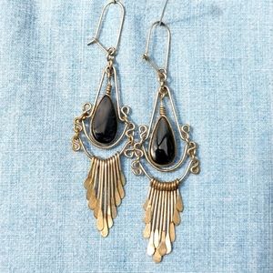 Black teardrop stone earrings with silver fringe